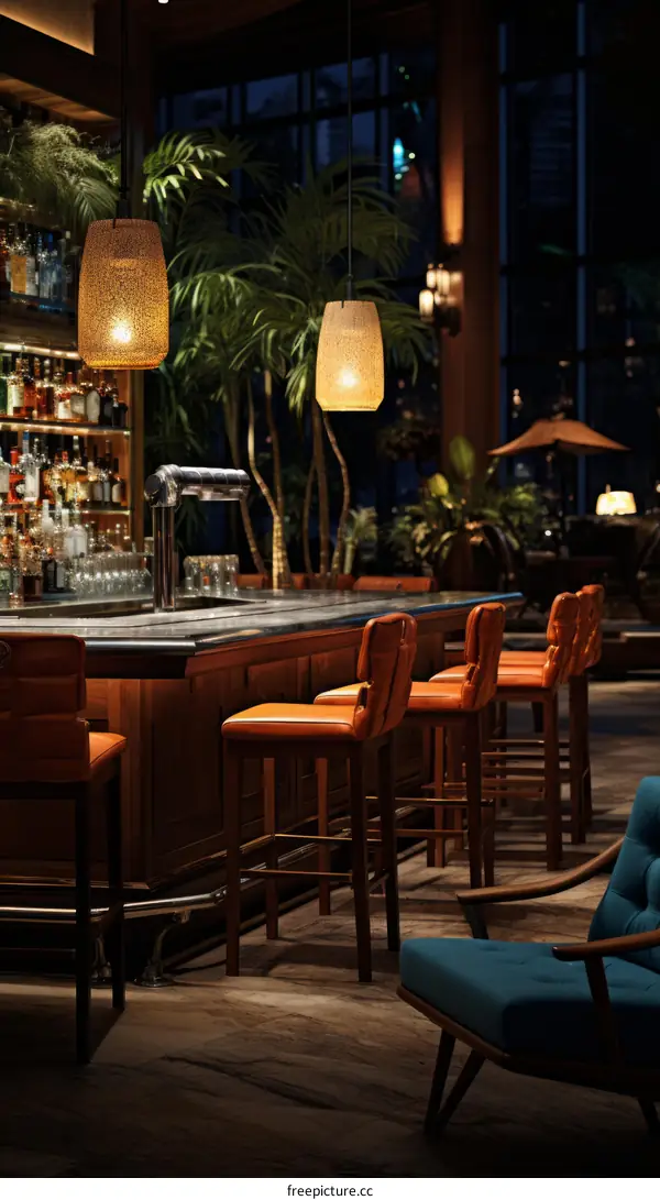 Luxurious Bar Interior with Leather Chairs and Exotic Plants