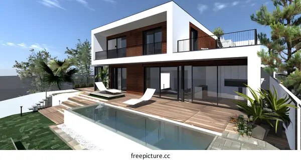 Modern House Design With Swimming Pool And Backyard