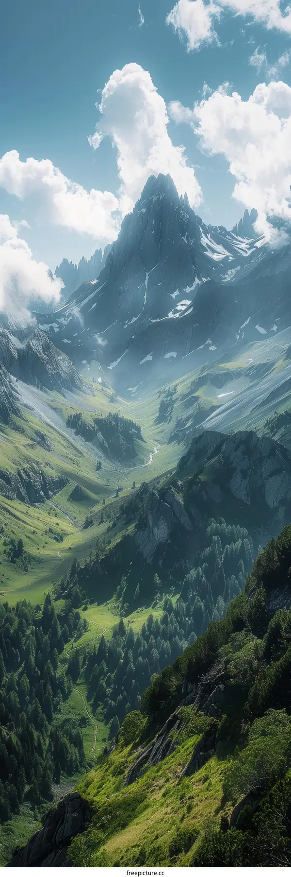 A majestic mountain landscape with a river running through the valley