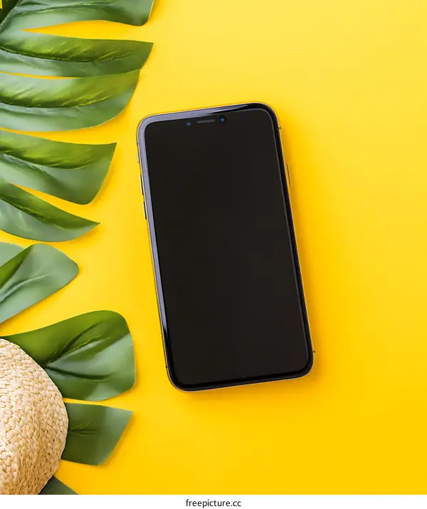 Black Smartphone with Green Leaves on Yellow Background