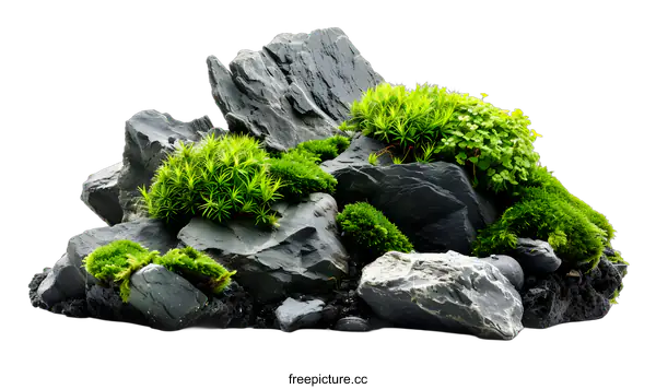 [Transparent Background PNG]Green Moss and Rocks Isolated on White Background