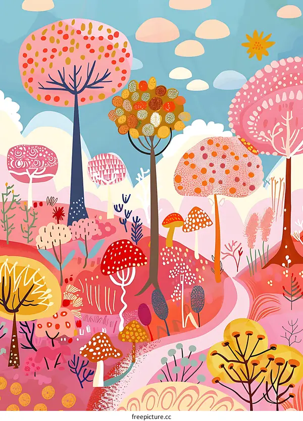 Abstract Pink and Yellow Forest Illustration