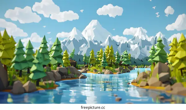 Low Poly Landscape Illustration With Mountain And River