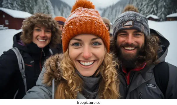 A group of friends on a winter holiday in the mountains.