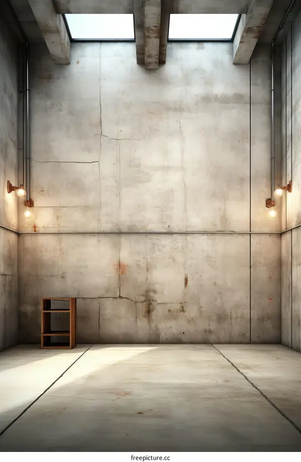 Grungy concrete room with shelf and lights