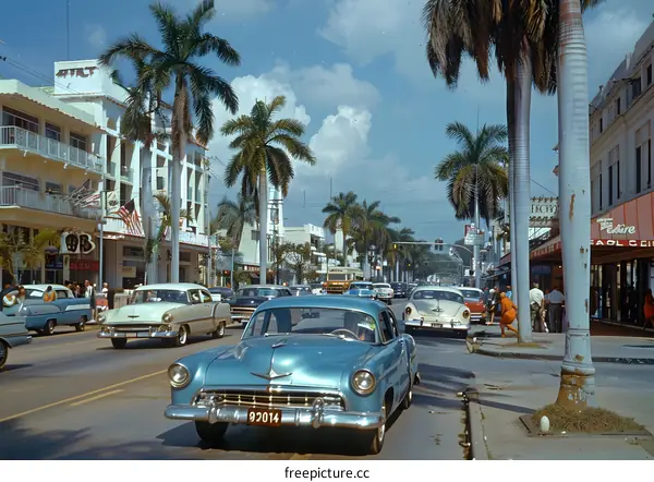 Vintage cars on a street in Havana, Cuba in the 1950s