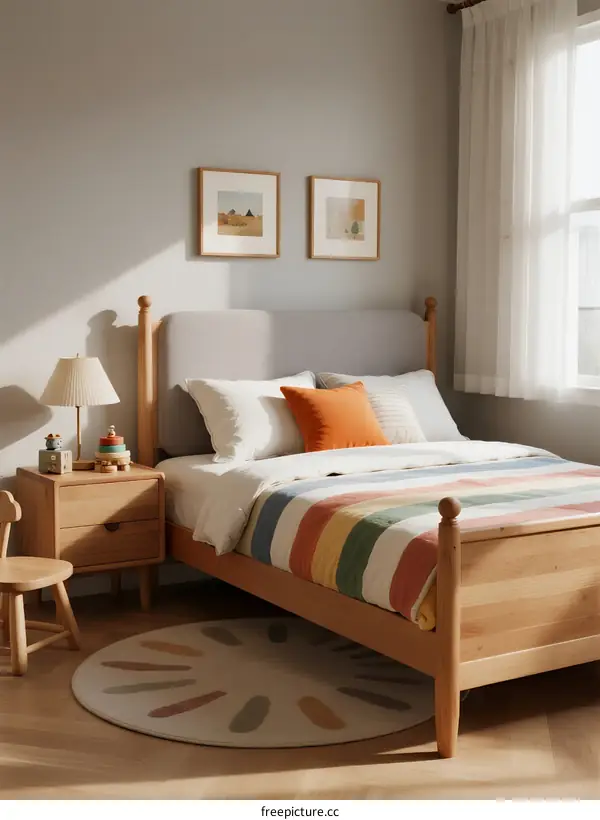 Cozy Wooden Bed with Colorful Striped Bedding in Modern Bedroom