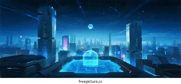 Futuristic Cityscape with Holographic Dome and Towering Skyscrapers