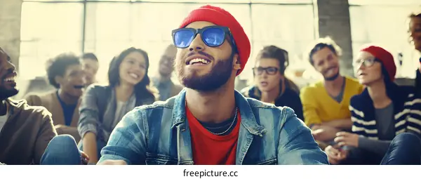 Happy Group of Diverse Friends Laughing Together in a Modern Loft Space