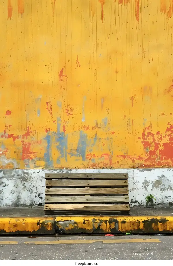 Yellow Wall with Wooden Bench and Curb