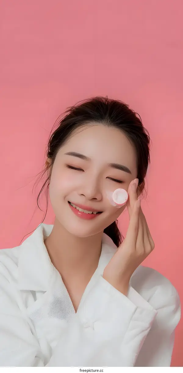 Smiling Woman Applying Cream to Her Face