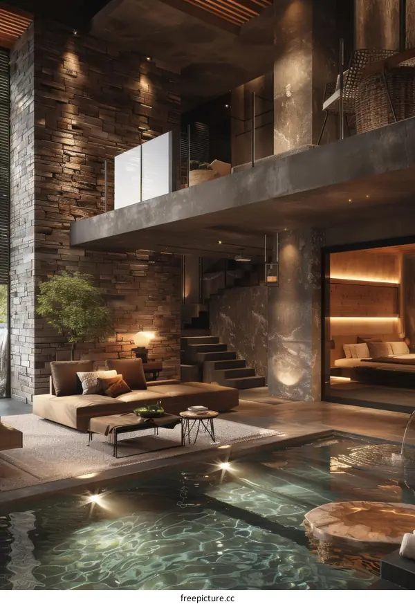 Modern Rustic Living Area with Indoor Pool