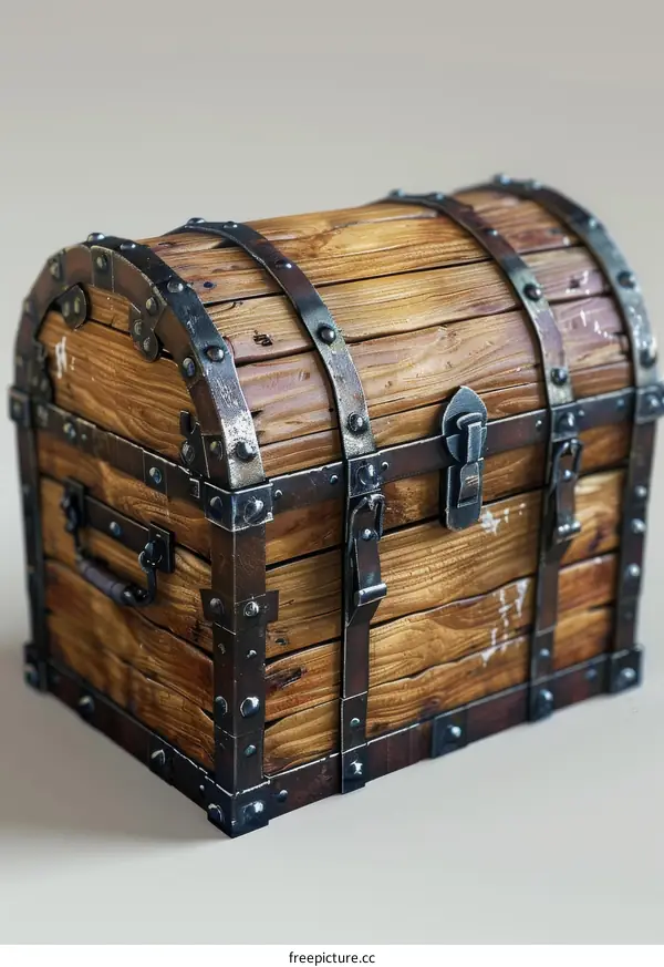 Antique Wooden Treasure Chest with Metal Bands and Lock