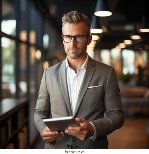 A businessman in a suit holding a tablet looking at the camera