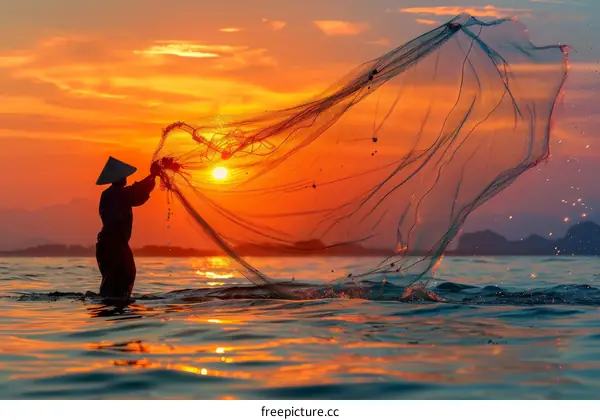 Fisherman silhouette at sunset casting his net in the sea