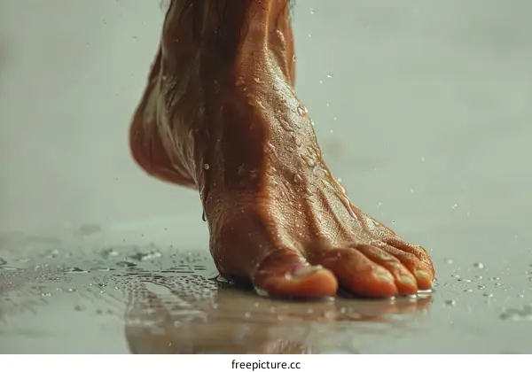 Close up of a wet foot stepping on a wet surface