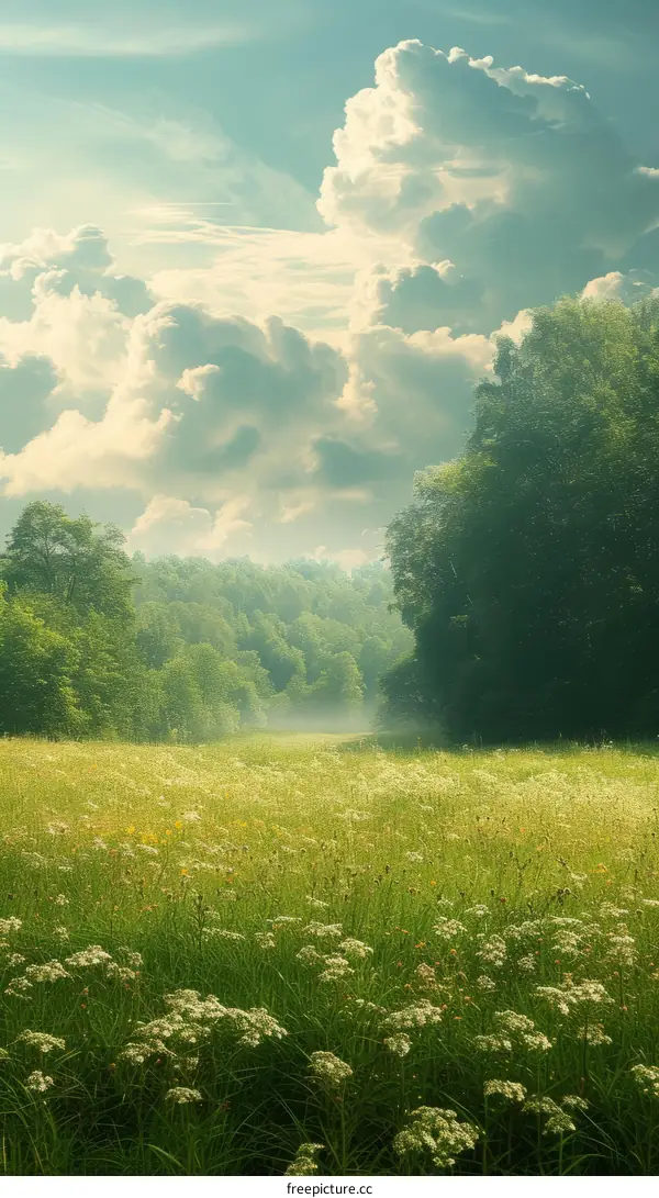 Green Meadow with Flowers Under Blue Sky