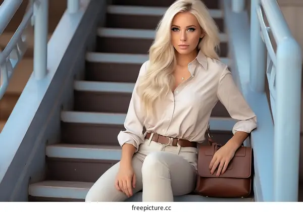 Blonde woman in beige shirt and pants sitting on stairs