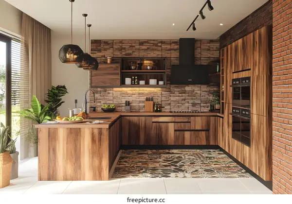 Modern Kitchen Design With Wooden Cabinets And Brick Wall