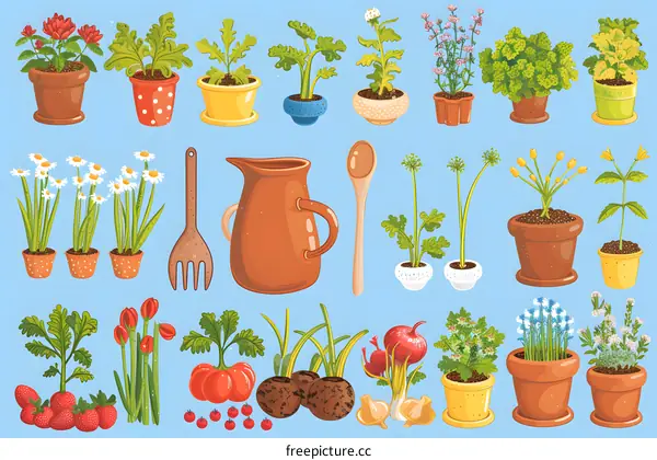 Potted Plants and Garden Herbs Collection Illustration