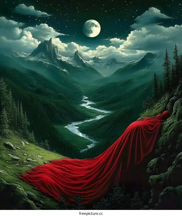 Night Sky Mountain Landscape with Red Cape