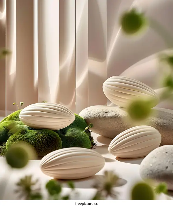 White Eggs with Green Moss and Stones