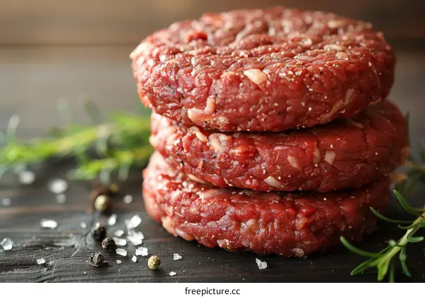 Three raw hamburger patties with spices on a wooden table