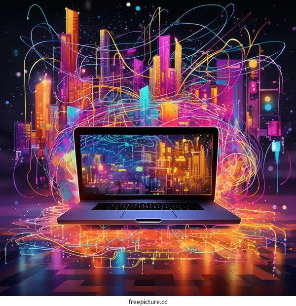 Laptop in the city of the future