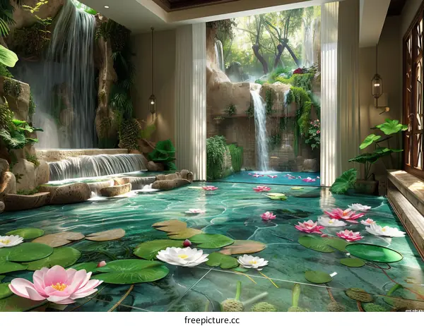 Indoor Garden Oasis with Cascading Waterfall and Serene Lily Pond