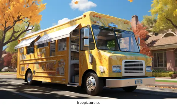 A yellow food truck is parked on a street with autumn trees.