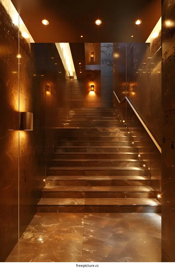Modern Brown Marble Staircase with Lights