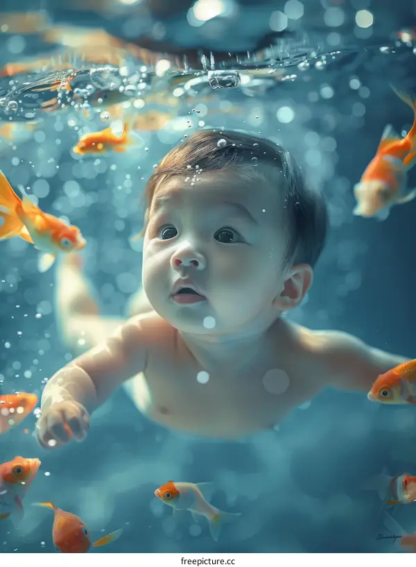 An adorable baby girl and goldfish frolic in a water-filled pool