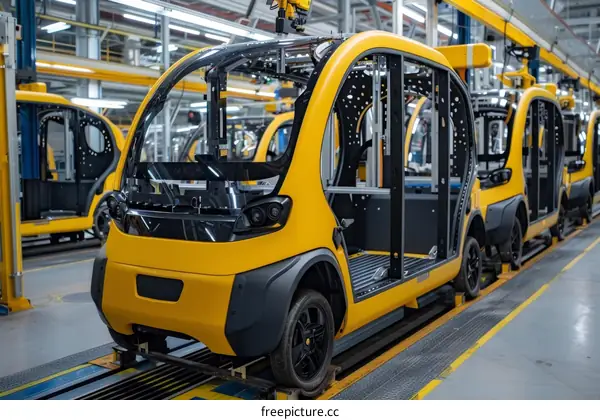 Yellow electric cars on the production line in the factory