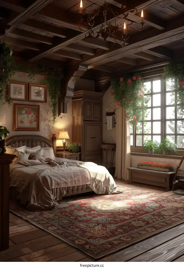 Cozy Bedroom with Wooden Beams and Flowers