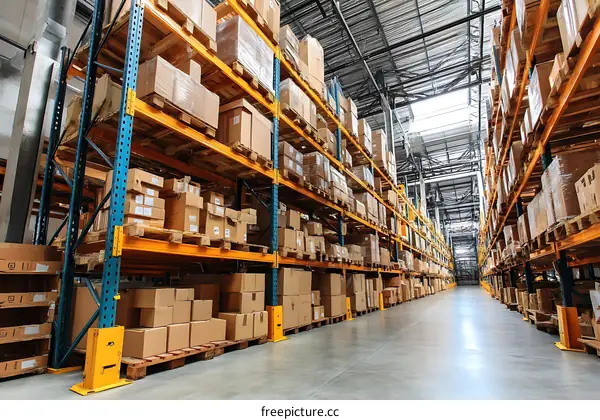 Warehouse Storage Shelves Filled with Cardboard Boxes