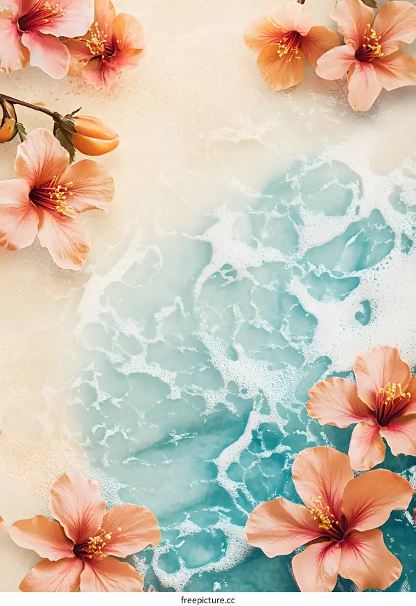 Tropical Flower on Beach Sand With Foamy Waves