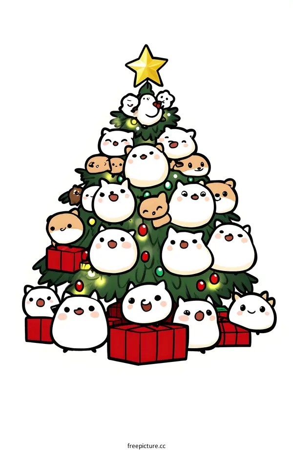 Cute Cartoon Animals Christmas Tree Illustration