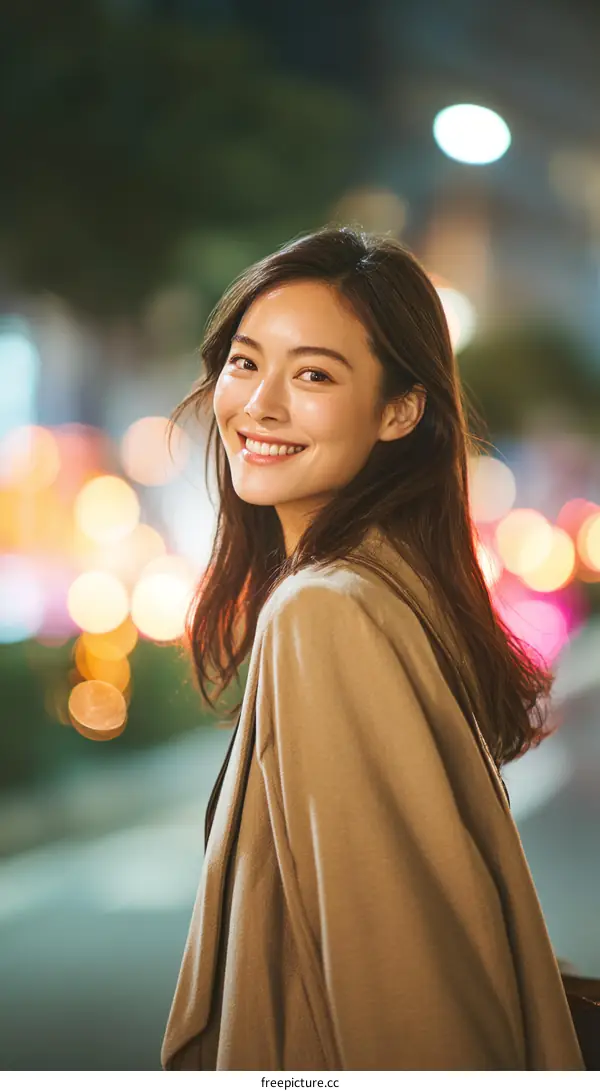 Smiling Asian Woman in a City at Night