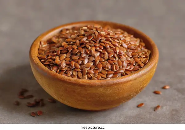Flax Seeds in Wooden Bowl on Gray Surface