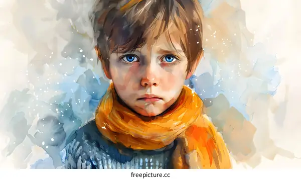 watercolor painting of a sad looking boy with blue eyes and an orange scarf