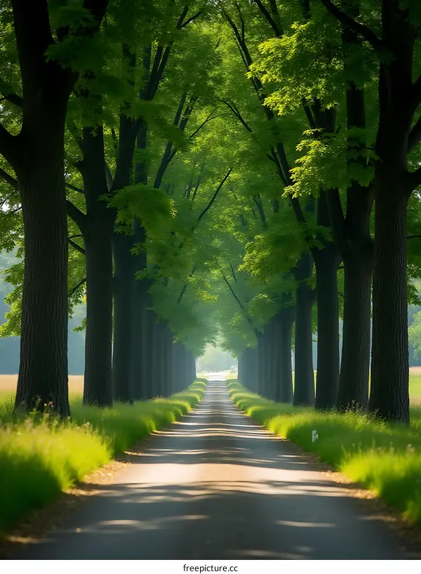 Green Trees Lined Road Sunlight Through Foliage