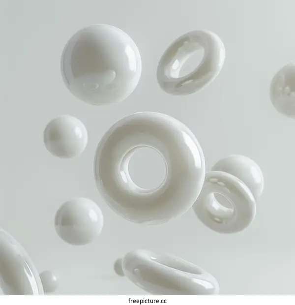 3D rendering of white glossy spheres and tori