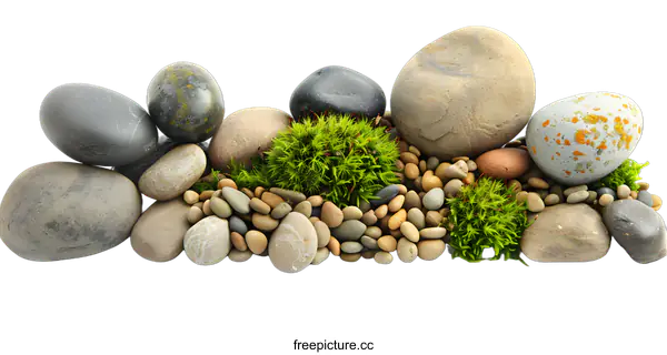 [Transparent Background PNG]Smooth Stones and Green Moss on White Background