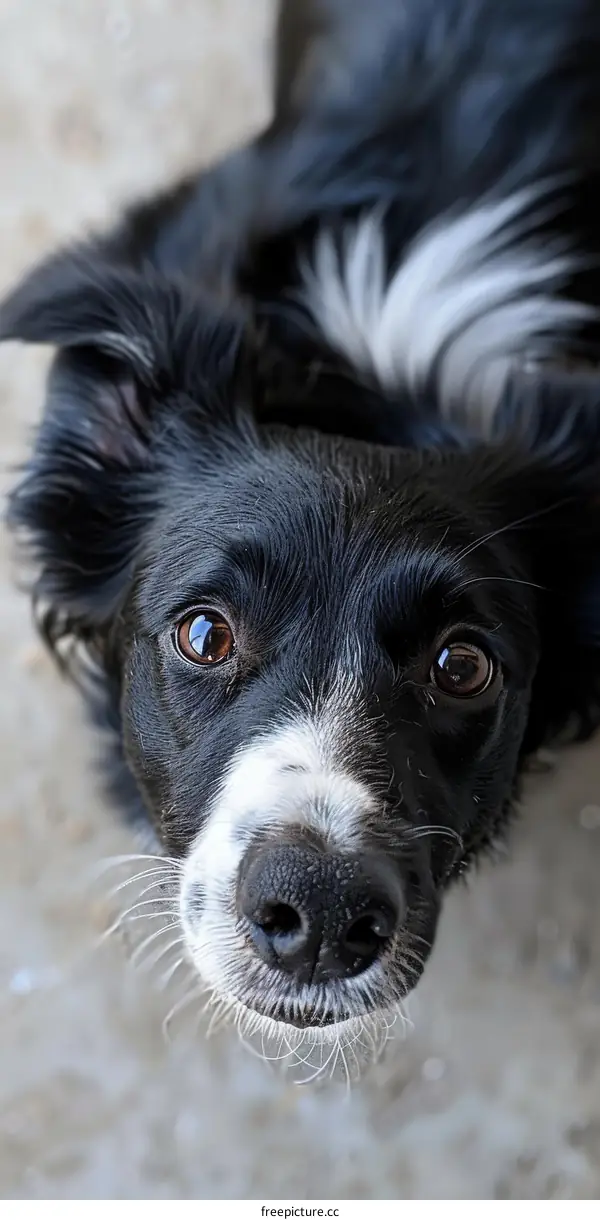 A Border Collie looking up at the camera with a curious expression on its face
