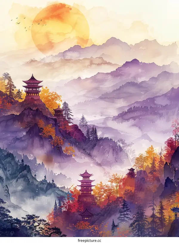 Misty Mountain Landscape with Traditional Chinese Buildings