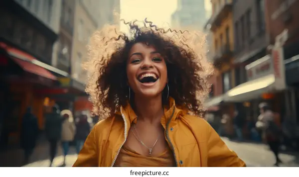 Laughing woman with curly hair in the street