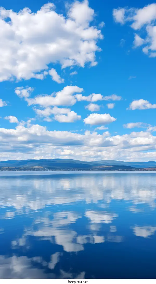 Serene Lake Reflection with Blue Sky and White Clouds