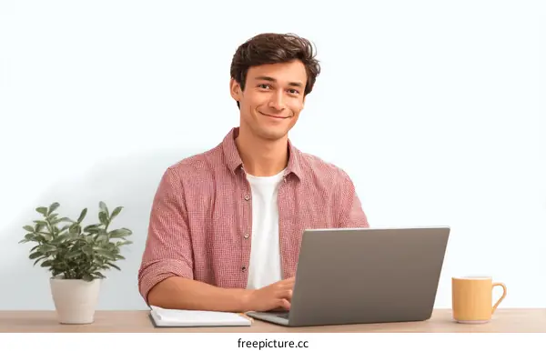 Man Working at Desk with Laptop and Green Plant