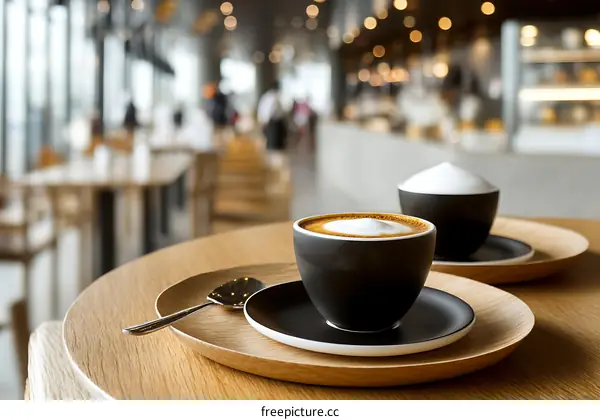 Two Coffee Cups on Wooden Table in Cafe
