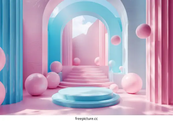 Pastel Pink and Blue 3D Geometric Archway Scene